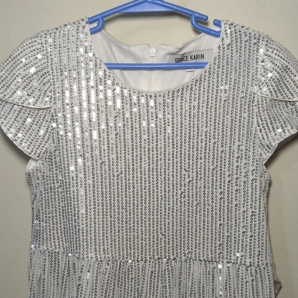 Grace Karin Sparkling Silver Sequin Tiered Dress Girls Size 10